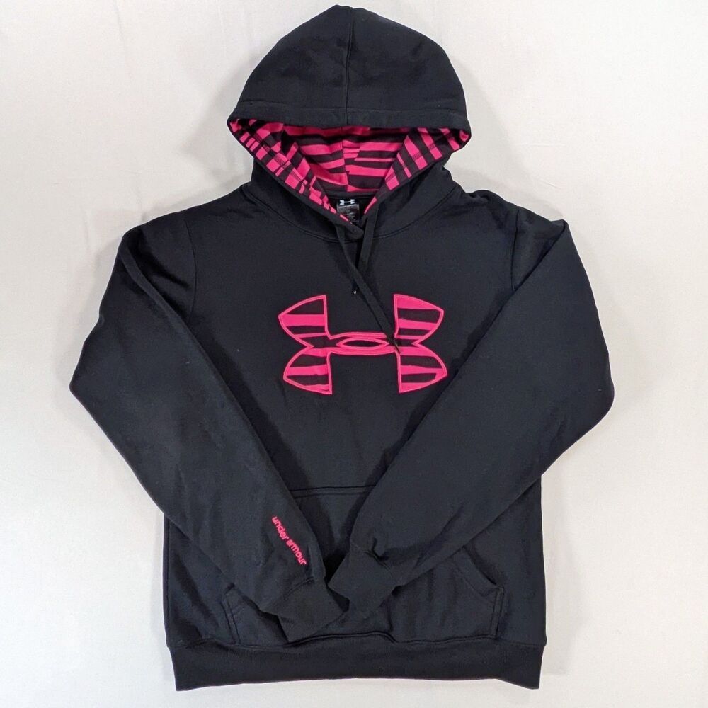 Under Armour Women's Pullover Hoodie small Loose Fit Black/Pink Logo Pockets